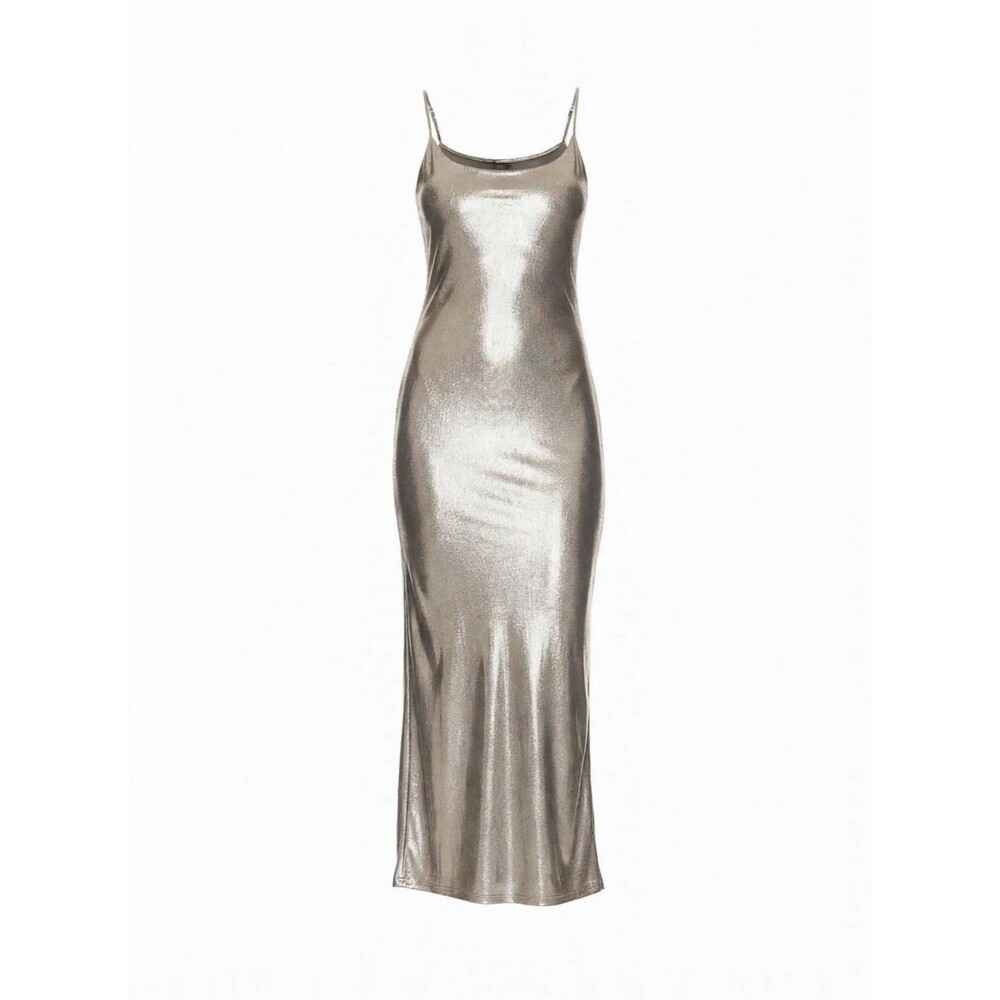 Jessica Simpson L Silver Maxi Dress Cocktail Party Metallic Slip Sexy